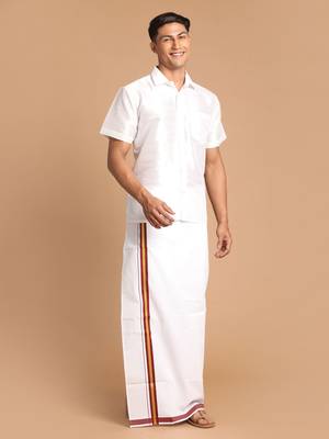 Men'S White Silk Blend Shirt And Mundu 1
