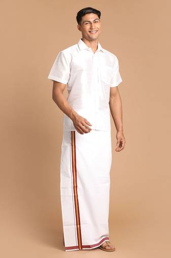 Men'S White Silk Blend Shirt And Mundu