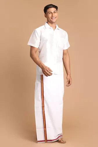 Men'S White Silk Blend Shirt And Mundu