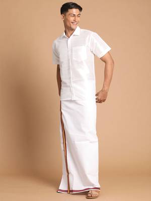 Men'S White Silk Blend Shirt And Mundu 2