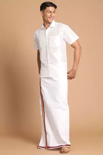 Men'S White Silk Blend Shirt And Mundu