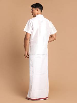 Men'S White Silk Blend Shirt And Mundu 3