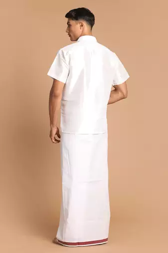 Men'S White Silk Blend Shirt And Mundu