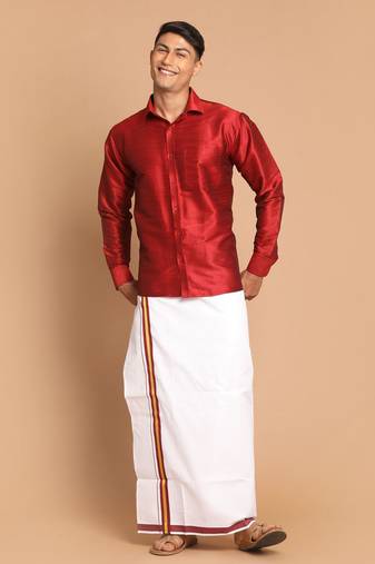 Men'S Maroon And White Silk Blend Shirt And Mundu