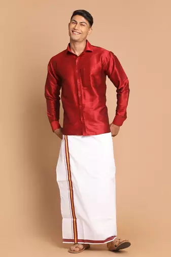 Men'S Maroon And White Silk Blend Shirt And Mundu