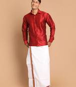 Men'S Maroon And White Silk Blend Shirt And Mundu
