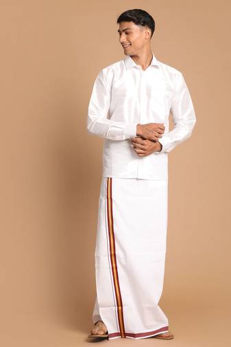 Men'S White Silk Blend Shirt And Mundu