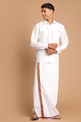 Men'S White Silk Blend Shirt And Mundu