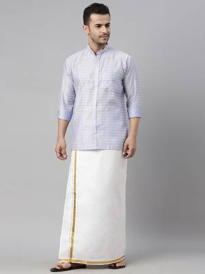  men's lavender blue silk blend ethnic shirt and mundu set 1
