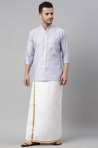  men's lavender blue silk blend ethnic shirt and mundu set