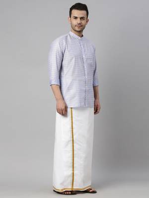  men's lavender blue silk blend ethnic shirt and mundu set 2