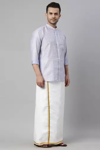  men's lavender blue silk blend ethnic shirt and mundu set