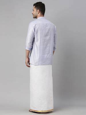  men's lavender blue silk blend ethnic shirt and mundu set 3