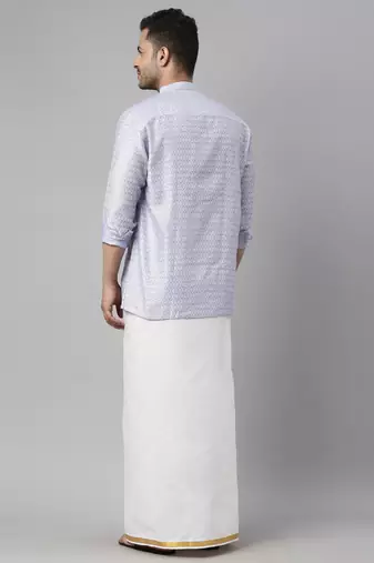  men's lavender blue silk blend ethnic shirt and mundu set
