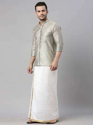 men's beige silk blend ethnic shirt and mundu set 1
