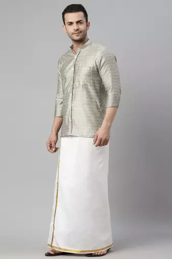 men's beige silk blend ethnic shirt and mundu set