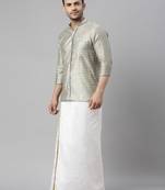 men's beige silk blend ethnic shirt and mundu set