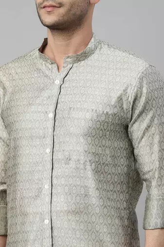 men's beige silk blend ethnic shirt and mundu set