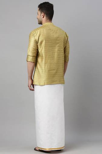 Vastramay men's mustard yellow silk blend ethnic shirt and mundu set