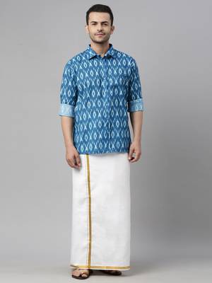  men's turquoise cotton blend ethnic shirt and mundu set 1