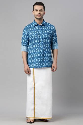  men's turquoise cotton blend ethnic shirt and mundu set