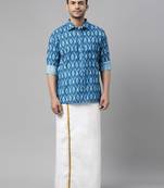  men's turquoise cotton blend ethnic shirt and mundu set