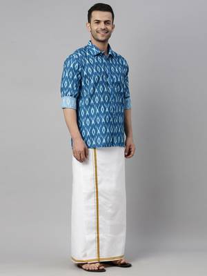  men's turquoise cotton blend ethnic shirt and mundu set 2