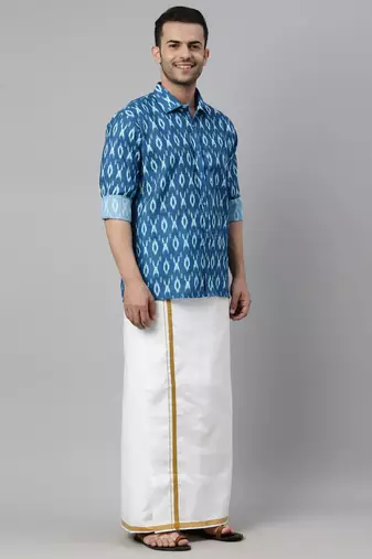  men's turquoise cotton blend ethnic shirt and mundu set
