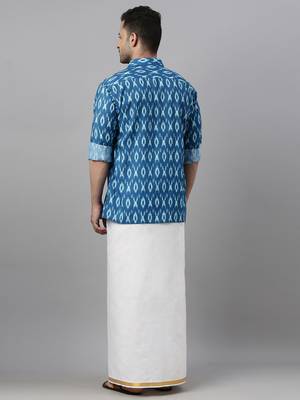  men's turquoise cotton blend ethnic shirt and mundu set 3