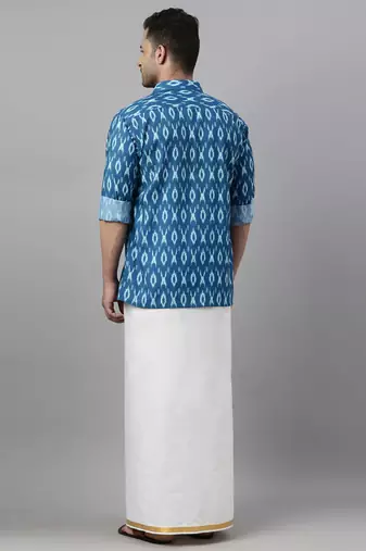  men's turquoise cotton blend ethnic shirt and mundu set
