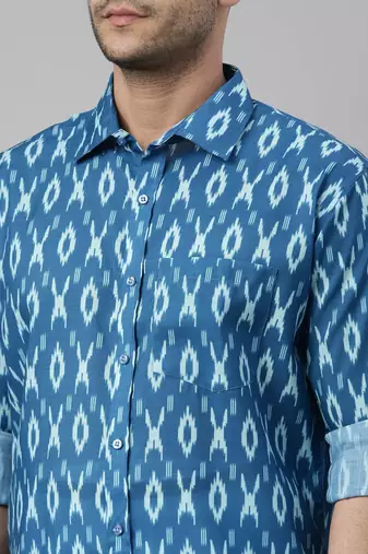  men's turquoise cotton blend ethnic shirt and mundu set