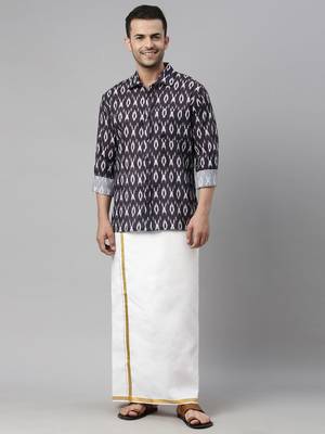  men's black cotton blend ethnic shirt and mundu set 1
