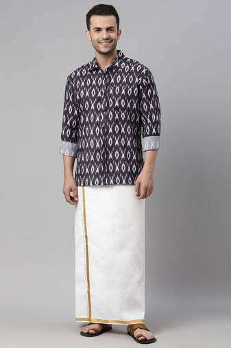  men's black cotton blend ethnic shirt and mundu set