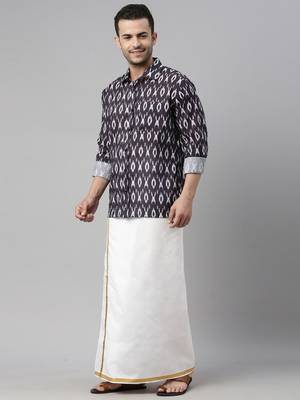  men's black cotton blend ethnic shirt and mundu set 2