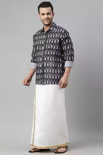  men's black cotton blend ethnic shirt and mundu set
