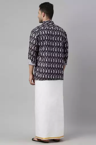 men's black cotton blend ethnic shirt and mundu set