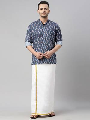  men's multicolor-base-grey cotton blend ethnic shirt and mundu set 1