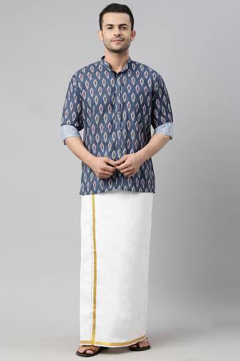  men's multicolor-base-grey cotton blend ethnic shirt and mundu set