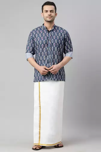  men's multicolor-base-grey cotton blend ethnic shirt and mundu set