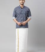  men's multicolor-base-grey cotton blend ethnic shirt and mundu set