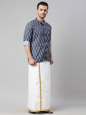 men's multicolor-base-grey cotton blend ethnic shirt and mundu set 2