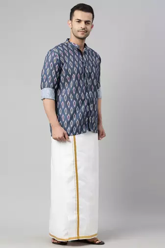  men's multicolor-base-grey cotton blend ethnic shirt and mundu set