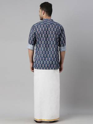 men's multicolor-base-grey cotton blend ethnic shirt and mundu set 3