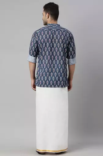  men's multicolor-base-grey cotton blend ethnic shirt and mundu set