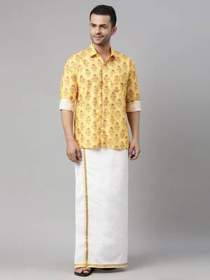  men's multicolor-base-mustard and white muslin blend shirt and mundu 1