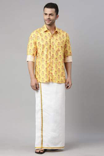  men's multicolor-base-mustard and white muslin blend shirt and mundu