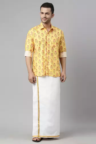  men's multicolor-base-mustard and white muslin blend shirt and mundu
