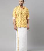  men's multicolor-base-mustard and white muslin blend shirt and mundu