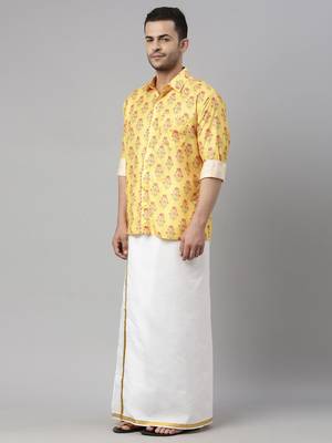  men's multicolor-base-mustard and white muslin blend shirt and mundu 2