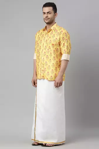  men's multicolor-base-mustard and white muslin blend shirt and mundu